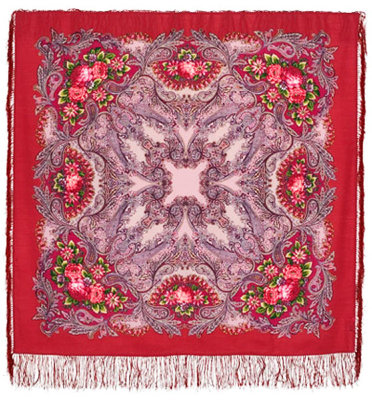 WS1463-4.jpg Павлопосадская шаль «Сон бабочки» Шикарный, производящий яркое впечатление шерстяной платок в малиновых тонах с насыщенно детализированным цветочным орнаментом. Малиново-серебристый цвет основного фона платка великолепно отражает сложность и изысканность цветочного орнамента шикарно богатой цветовой гаммы прекрасного рисунка, автором которого является замечательная художница павлопасадской платочной мануфактуры Фаворитова Елена. Кайма платка украшена шелковой бахромой малинового цвета, великолепно украшающей этот чудесный русский платок.