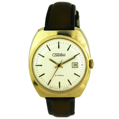 Часы "СЛАВА" противоударные с рифленым циферблатом в крупном позолоченном корпусе 